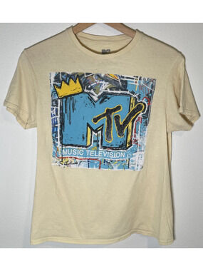 MTV Music Television Distressed Graphic T-Shirt Beige - M